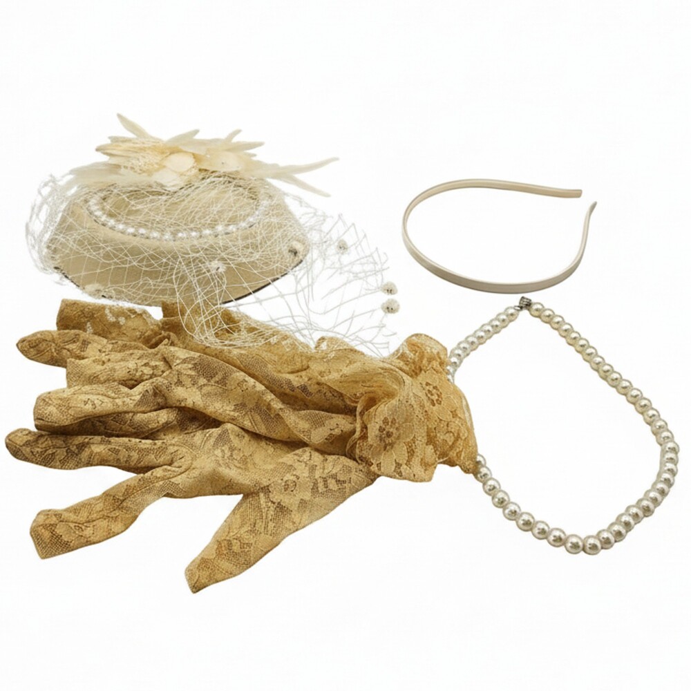 Cream Tea Party Fascinator Veil Lace Gloves Faux Pearl Necklace Set New